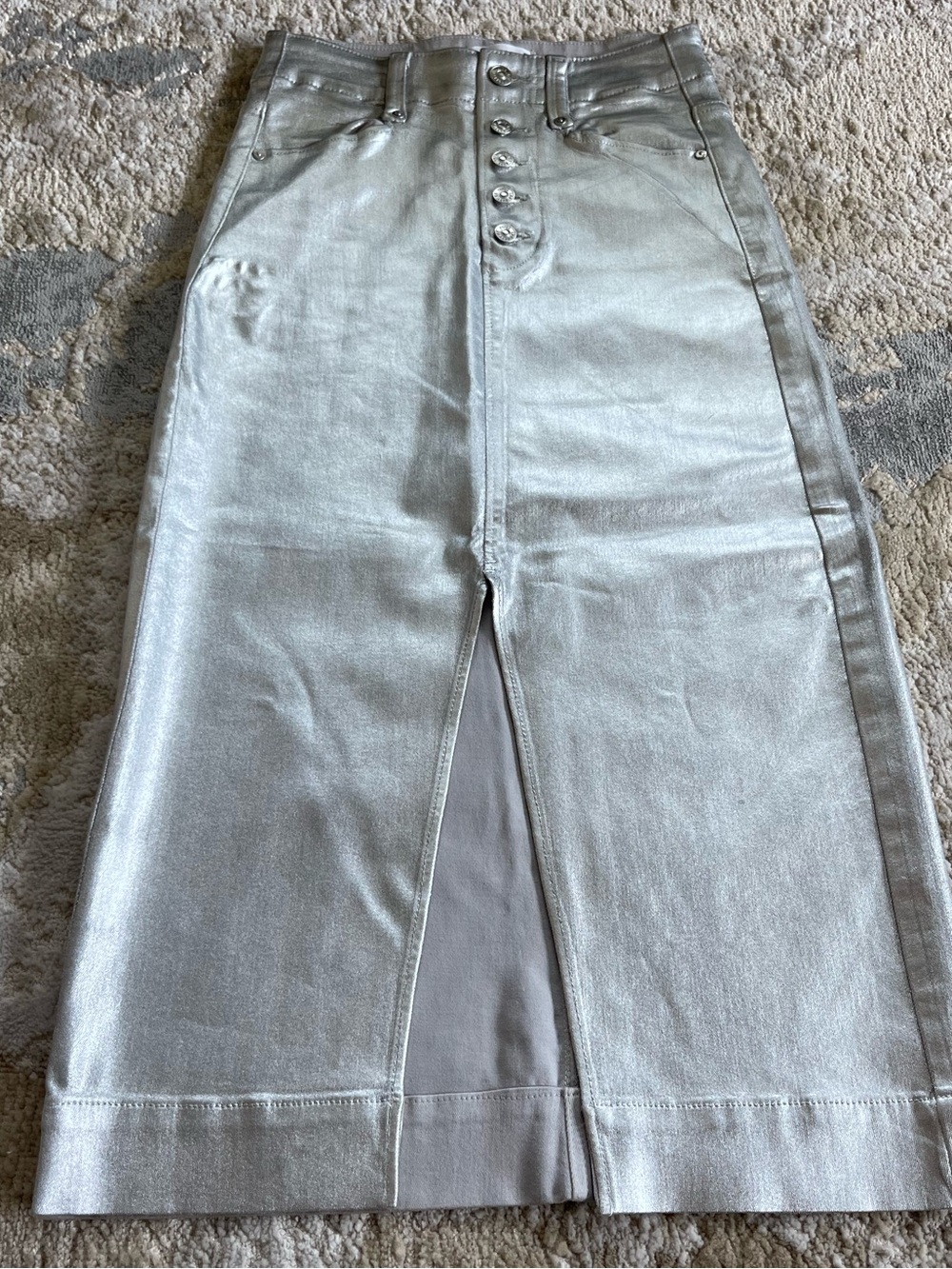 PAIGE Silver Metallic High-Waist Midi Skirt with Front Slit